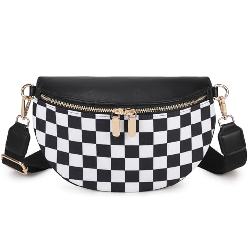 Eslcorri Fashion Crossbody Bags for Women, Checkered Fanny Packs PU Leather Sling Purses Travel Belt Chest Bag for Sports Workout Running Casual - Black