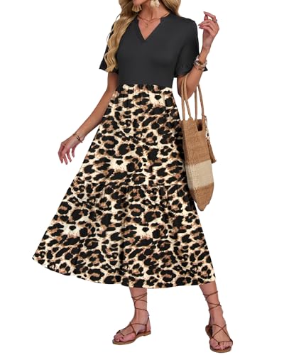 AUSELILY Robe Longue Femme Col en V à Manche Courte Robe de Plage Longue Femme Ete Chic et Elegant Fluide Legere Casual Dress avec Taille Empire Poches BN BK...