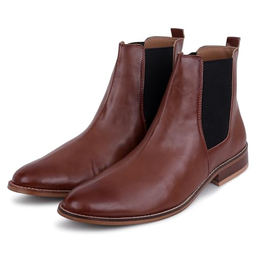 Image of LOZANO Genuine Leather Tan Chelsea Boots for Men | High Ankle Boots, Soft Cushioned Insole, Slip-Resistance, Arch Support & Shock Absorption