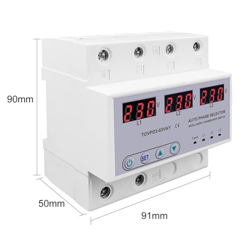 Sélecteur de phase triphasé 63A avec voltmètre réglable et protection rail DIN - 4