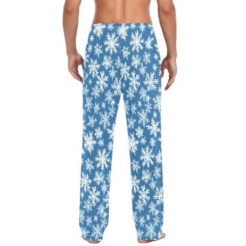 Mens Pajama Pants 100% Cotton, Snowflake Blue Background Men's Flannel Pajama4