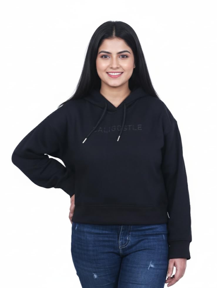 caligostle CG Women’s Oversized Offshoulder Cropped Hoodie | Cotton Fleece Anti-Pill,Anti-Odour Pullover (Black & Grey) | Casual & Activewear Winter Sweatshirt for Women-picture-44