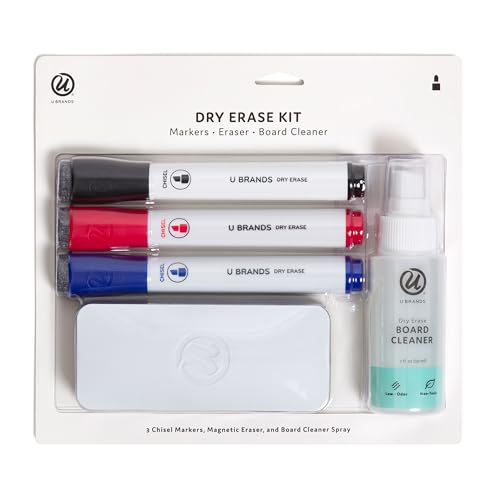 U Brands Fine Tip Dry Erase Markers with Eraser Set of 5, Includes 3 Whiteboard Markers, 1 Eraser, and 1 Board Cleaner Spray