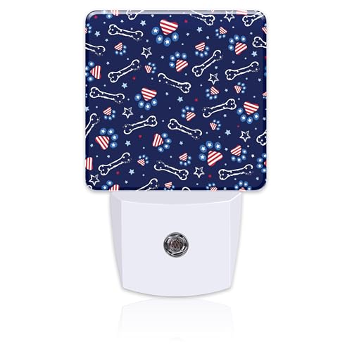 Image of USA Flag and Paw Prints Night Light Plug into Wall, Cute American Patriotic Dog Prints Dusk to Dawn Night Light Plug in,0.5w Energy Saving Sleep Friendly NightLight for Kids Boys Girls Home Decor