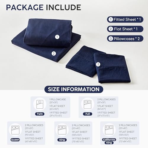 Image of Tokokimo King Sheet Set 4 Piece, Super Soft Washed Cotton-Linen Feel Microfiber, 16 inch Deep Pocket Fitted Sheet, 1 Flat Sheet, 2 Pillowcases, Breathable Bed Sheets, Navy Blue