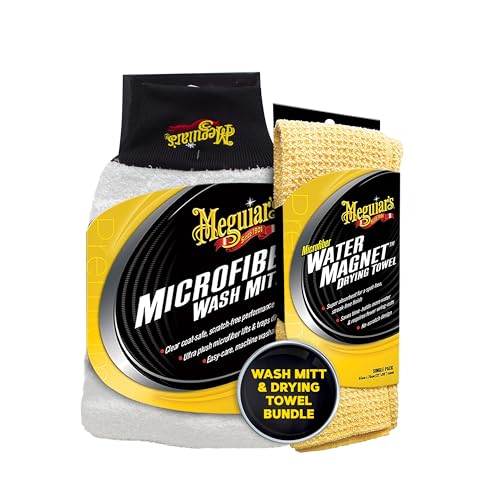 Image of Meguiar's Water Magnet Microfiber Drying Towel and X3002 Microfiber Wash Mitt Bundle | Exterior Car Stain Remover And Polish removes stubborn, unsightly water spots on paint, glass, and hard plastics