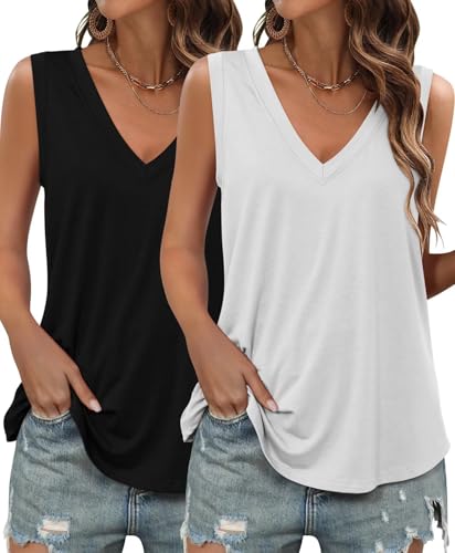 KKJ 2 Pack Womens Tank Tops Workout V Neck Tees Summer Sleeveless Loose Fit Casual Outfits Shirts Fall Fashion Clothes