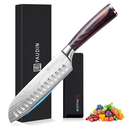 PAUDIN Santoku Knife Japanese Knife 7 inch High Carbon Stainless Steel for Home Restaurant Gift Box for Family & Restaurant