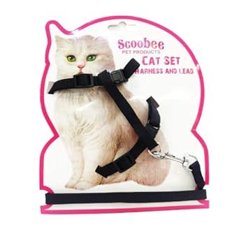 Kiki N Pooch Cat Adjustable Nylon Harness Strap Collar with Leash Set Small Pet Walking for Kitten- Plain (Color May Vary)