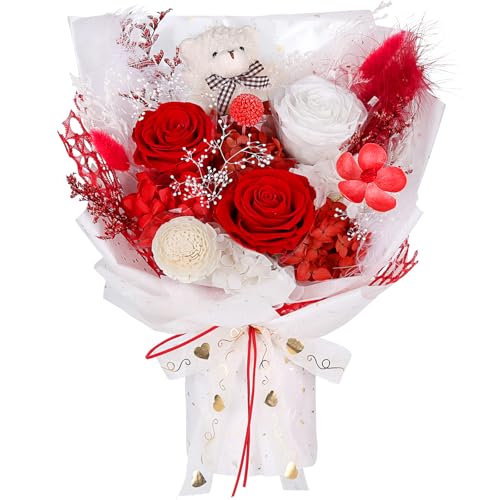Konservierter Blumenstrauß mit Bär, 3 echte ewige Blumen, langanhaltender roter Rosenstrauß, Jubiläums- & Geburtstagsgeschenk, Valentinstag Geschenke für sie, Geschenke für Frauen, Mädchen, Freundin