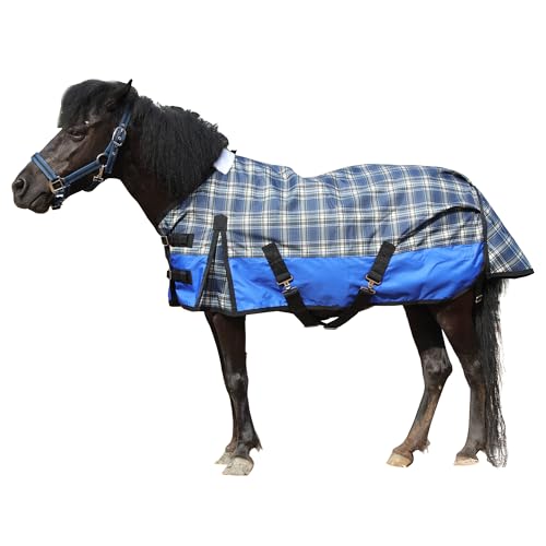 Leberna Alfombra impermeable de poliéster Ripstop 600D en miniatura, ligera, para la lluvia, pony, sábana de caballo Shetland, relleno de 0 g (cuadros azules, 3'0.0 cm)
