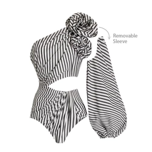 Women's One Piece Swimsuit with Long Cover Up Skirt, Off Shoulder Design with Asymmetric Sleeve & 3D Floral Accent3