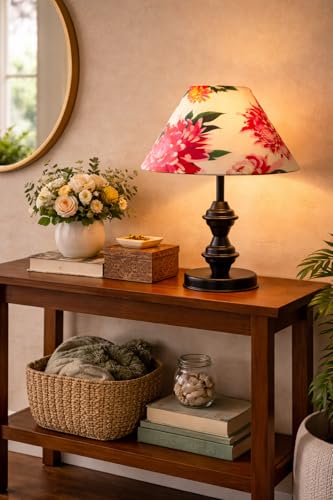 Image of tu casa Modern Table Lamp with Crimson Floral Satin Shade | Metal Iron Base Decorative lamp for Living Room| Study & Home Decor, Designer Table Lamp for Gifting (Ivory Daisy)