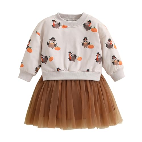 Toddler Baby Girl Thanksgiving Outfit Turkey Letter Printed Long Sleeve Dress Mesh Tulle Clothes
