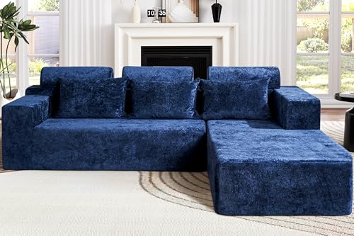 Homguava Modular Sectional Couches for Living Room,105″ Cloud Couch with L-Shape Chaise,Comfy Sofa Living Room Couch with Deep Seat,No Assembly L Couch,Luxury Distressed Velvet(Blue,R)