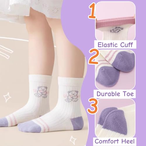 5 Pairs Toddler Girl Kids Socks, Cute Bear Pink Soft Cotton Crew Socks, 1~12Years3