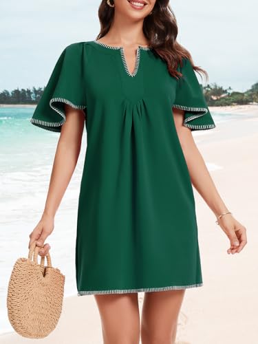 Image of KEOMUD Women's Summer Short Sleeve Mini Dress Casual V Neck Contrast Trim Flowy Shift Dresses with Pockets