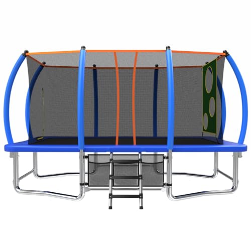 Mersco Rectangle Trampoline Outdoor for Kids and Adults, 8x14 FT, 10x16 FT Trampoline with Enclosure and Ladder, ASTM Compliant, 1760LBS Capacity Anti-Rust Coated Frame for Backyard, Blue/Gr