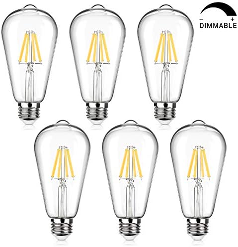 LED Edison Bulb Dimmable 60W Equivalent 800 Lumens, Daylight White 4000K, 6W ST64 Vintage LED Filament Light Bulbs, Antique Style Lighting, E26 Medium Base, Pack of 6