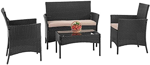FDW Patio Furniture 4 Pieces Outdoor Indoor Use Rattan Chairs Wicker Patio Loveseats Conversation Sets with Table and Beige Cushions for Backyard Lawn Porch Garden Balcony,Black FDW Patio Furniture 4 Pieces Outdoor Indoor Use Rattan Chairs Wicker Patio Loveseats Conversation Sets with Table and Beige Cushions for Backyard Lawn Porch Garden Balcony,Black