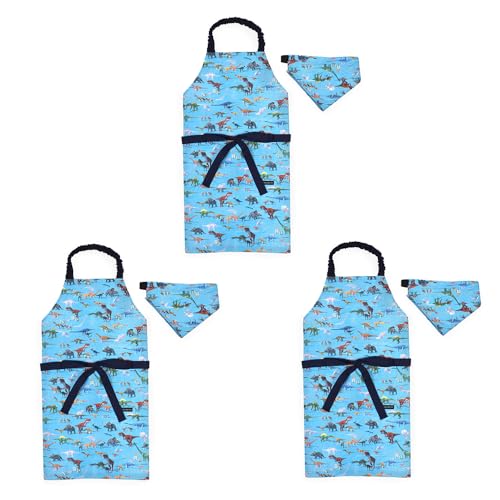 COLORFUL CANDY STYLE 子どもエプロン (130〜160cm) 撥水ノーアイロン 恐竜ワールド 3枚セット 男の子 かっこいい 子供用 子供 こども エプロン 三角巾 セット ゴム キッズエプロン 幼児 小学生 かわいい おしゃれ 小学校
