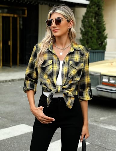 HOTOUCH Women's Long Roll Up Sleeve Cotton Flannels Plaid Shirts Classic Fit Button Down Shirt Blouses with Pockets3