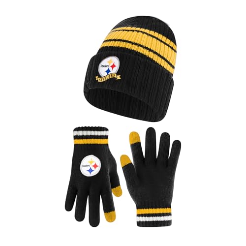 Ultra Game Youth NFL Official Super Soft Team Stripe Winter Beanie Knit Hat with Warm Touch Screen Gloves