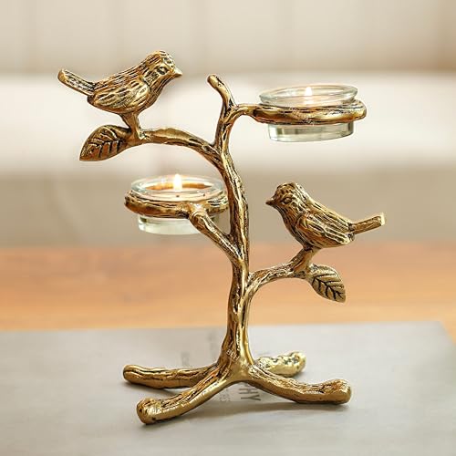 Image of BEHOMA Metal Romantic Love Birds Tree Candle Holder | Blessing Birds Tea Light Centerpiece for Home Decor & Living Room | Couple Gift for Valentine's Day, Wedding, Anniversary & Housewarming - Gold