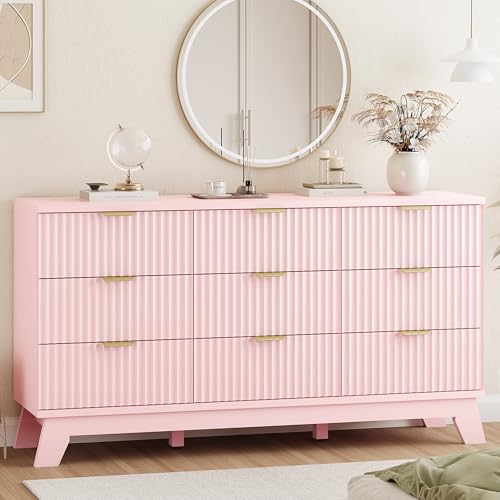 Image of Xixini Fluted Dresser for Bedroom with 9 Drawers, 57 inch Wide Modern Chest of Drawers with Metal Handle, Wooden Dresser TV Stand, Wood Closet Clothes Storage Organizer for Living Room, Hallway, Pink
