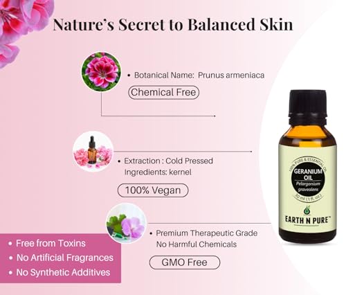 Image of Earth N Pure Geranium Essential Oil | 100% Pure & Natural | Balanced Skin, Healthy Hair & Relaxation | Undiluted | Vegan & Cruelty-Free | 30ml