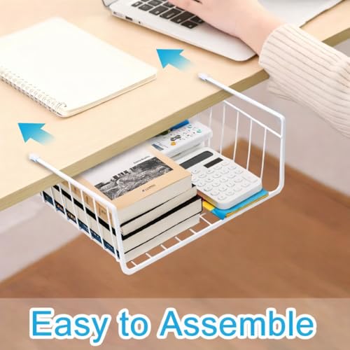 Image of DecorTwist 16 Inch Under Shelf Storage Basket - Heavy Duty Metal Undershelf Organizer for Kitchen Cabinet, Wardrobe & Pantry | No Drill Slide-In Under Cabinet Wire Rack (White) Pack of 2