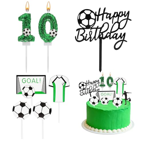 WOKICOR Velas Cumpleaños Números 10 con Decoración Tarta Fútbol, Vela Brillante Verde 3D con Topper Happy Birthday, Kit Fiesta Infantil para Niño Tema Fútbol Lista para Usar