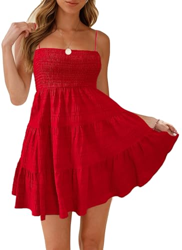 HVEPUO Women Spaghetti Strap Sleeveless Smock Cami Mini Dress Summer Vacation Flowy Boho A Line Swing Short Dresses for Women