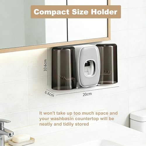 Toothbrush Holder with Toothpaste Dispenser,Wall Mounted Automatic Toothpaste Squeezer Toothbrush Holder Storage Organizer with 2 Cups No Drilling for Bathroom (White) - Thumbnail 2