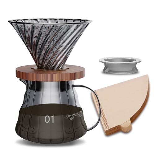 ESTVLB コーヒーサーバー 耐熱ガラス 木製ホルダー コーヒードリッパー 360ml 目盛付き 1人用 コーヒー ドリップ 器具 コーヒー ドリップ道具 フタ付き ハンドドリップコーヒーサーバー コーヒードリップセット カフェ 喫茶店