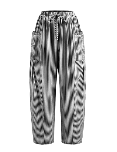 Yeokou Women Wide Leg Pants Casual Striped Cotton Mid Rise Drawstring Palazzo Trousers with Pockets4