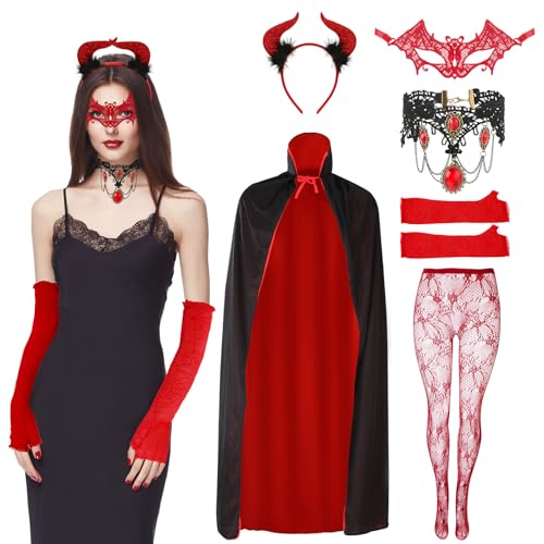 ViEinkaufen Womens Deluxe Devil Costume Set 6-Piece Gothic Cape Outfit Set with Reversible Cape Horns Choker Lace Mask Stockings Gloves for Masquerades Carnival Theme Cosplay Parties