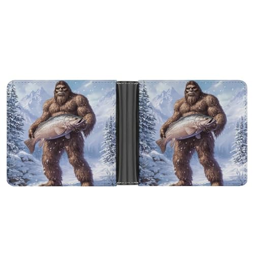 Winter Bigfoot Trout Fish Bifold Wallet PU Leather Front Pocket Slim Bussiness Card Holder Wallet Gift for Men