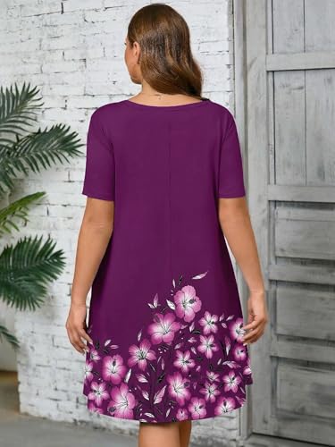 Image of AusLook Plus Size Midi Dress for Women Casual Summer Short Sleeve A Line Swing Dress with Pocket Round Neck Flowy Dress 1X-5X
