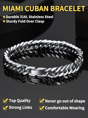 ChainsHouse Stainless Steel Cuban Link Bracelet, 8mm/12mm/17mm Width, 7.5"/8.3"/9", 18K Gold Plated Chain Wrist Bracelets for Men Women, Send Gift Box3