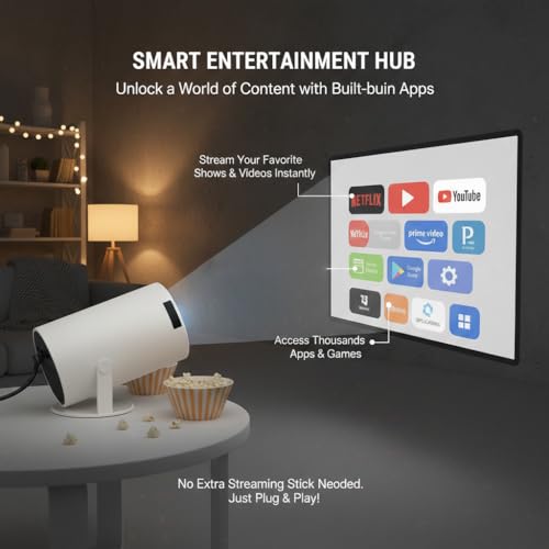 Image of Casaquin Smart Projector | 4K Support, Native 720p HD, 2500 Lumens | Rotatable Design, Built-in Speaker | Android 11 with Netflix, Prime, YouTube | WiFi Connectivity | Entertainment