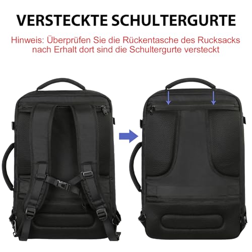 MATEIN Ryanair Handgepäck 40x30x20, Handgepäck Rucksack Flugzeug Herren 24L, Erweiterbar Rucksack 40x30x20 Ryanair Eurowings Reiserucksack Damen Travel Backpack Cabin Bag für Business, Reise, Schwarz