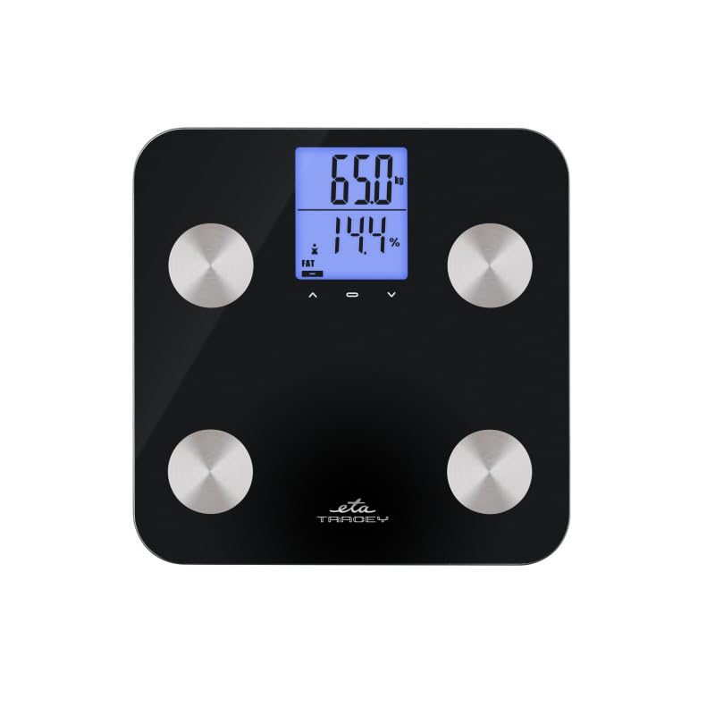 ETA Tracey - Báscula de diagnóstico digital para el cuerpo, 180 kg, análisis de grasa corporal y IMC, 10 usuarios, medición de grasa corporal, muscular, agua y huesos, IMC, pantalla LCD, cristal de
