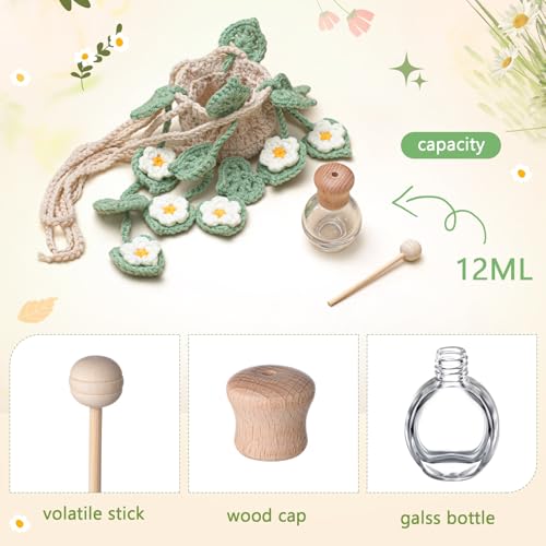 Image of DaisyInner Cute Crochet Plant Car Freshener 12ml Empty Refillable Diffuser Bottle with Plants Hanging Accessories for Ornaments Charms Rearview Mirror Home Office Decor Women Gifts(Daisy)