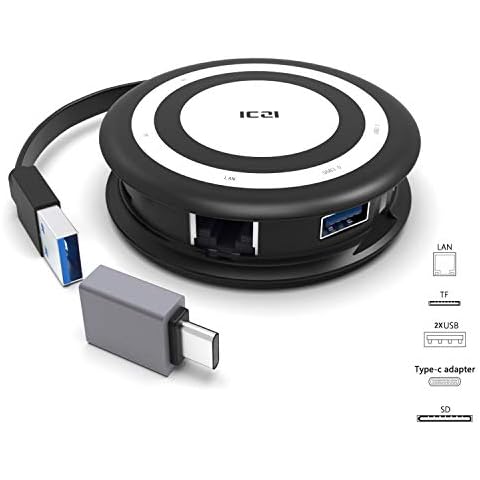 ICZI Hub USB 3.0 a Ethernet 2 USB 3.0 Lector de Tarjetas SD TF +1 Adaptador USB Tipo C Cover