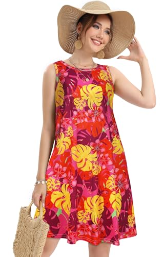 Image of elescat Women's Summer Dresses 2026 Beach Casual Sleeveless Floral Print Tank Loose Sundress with Pocket