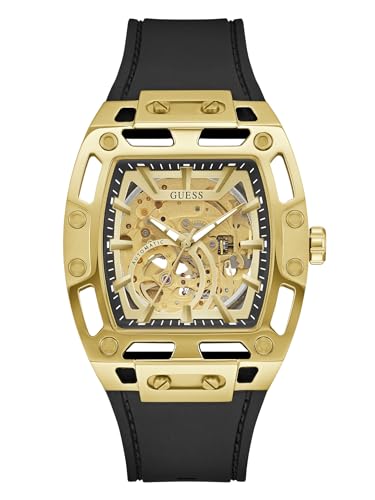 Guess Phoenix GW0980G2 Montre pour Homme en Acier Inoxydable avec Bracelet en Silicone Noir 5 Bar Cadran Champagne 42 mm