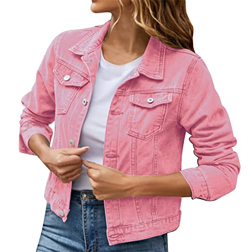 callmo Veste en jean surdimensionnée pour femme - Manches longues - Couleur unie - Bouton - Veste courte en jean avec poches - Vestes légères pour femmes - Mode esthétique vintage streetwear, Rose, M callmo Veste en jean surdimensionnée pour femme - Manches longues - Couleur unie - Bouton - Veste courte en jean avec poches - Vestes légères pour femmes - Mode esthétique vintage streetwear, Rose, M