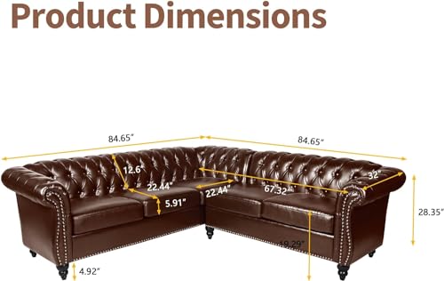 Image of QHITTY Sectional L-Shaped Sofa, Chesterfield Faux Leather Couch 5 Seater Upholstered Small Accent Tufted Sofa with Nailhead Design and Rolled Armrest for Living Room, Apartment, Office (Dark Brown)