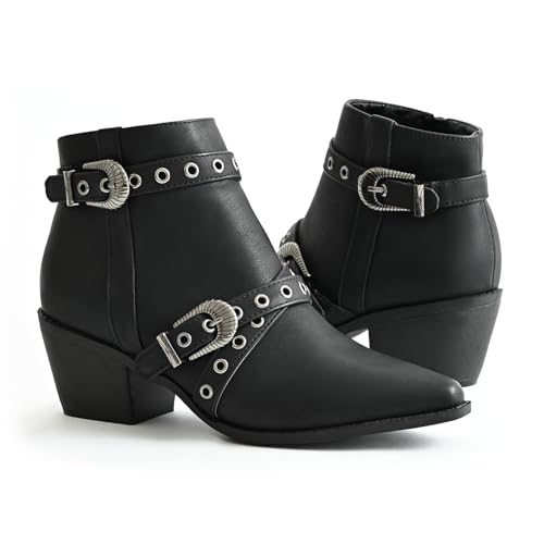 Ankle Boots for Women Chunky heels Booties with Side Zipper Eyelet Straps Almond Toe Short Boots,Black3